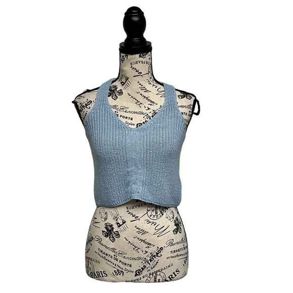 Jolie And Joy Light Blue Vneck Cropped Pullover Crochet Top M Boho Beach Peasent - Picture 1 of 10